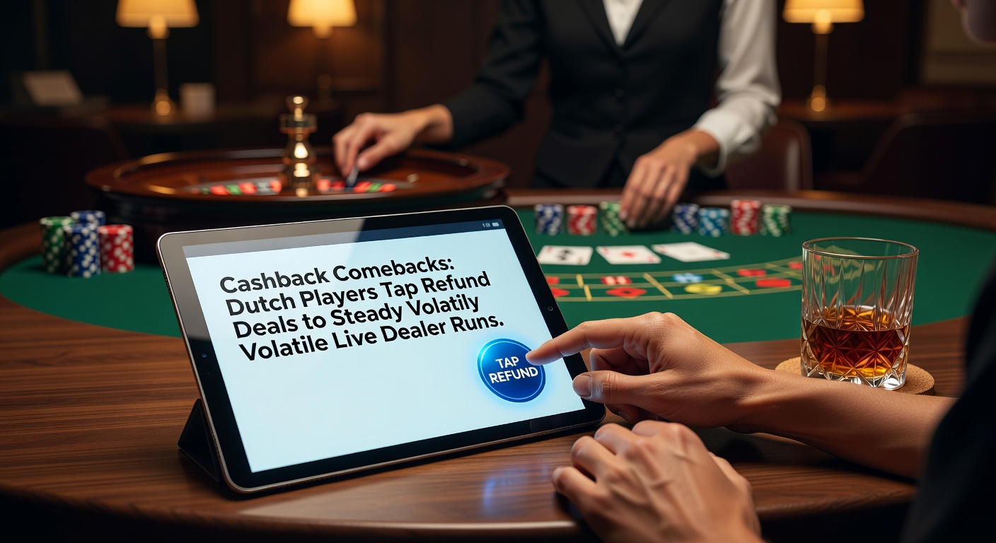 Nederlandse gokkers aan een live dealer tafel met cashback icoon op een mobiel scherm, symboliserend stabiliteit in volatiele sessies