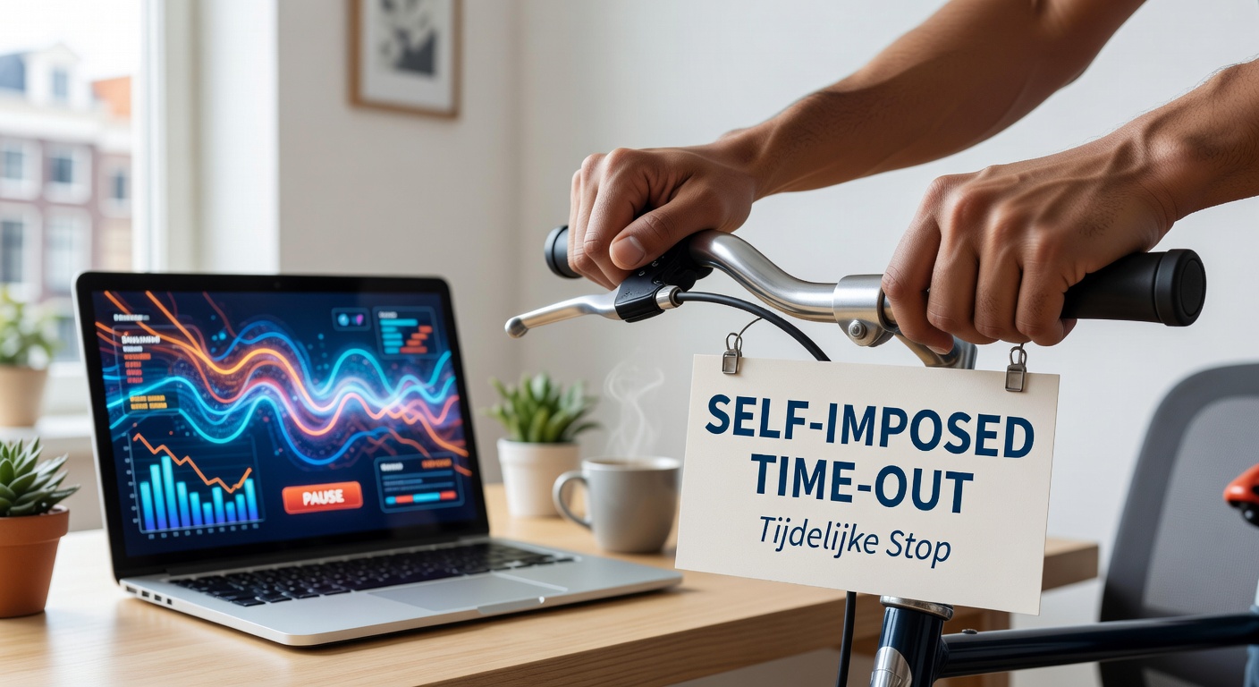 Speler achter een telefoon met een pauzeknop op het scherm, symboliserend time-out in een online casino app