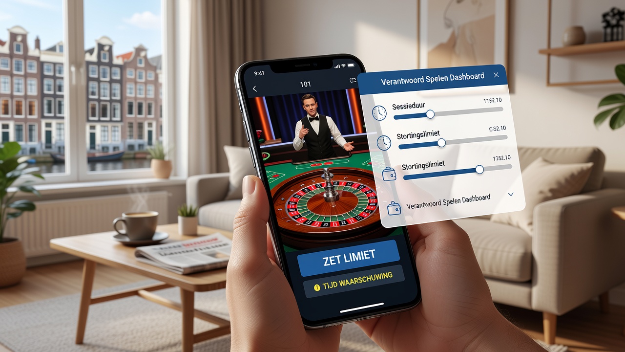 Mobiele live casino interface met geïntegreerde limietwaarschuwingen en verantwoord spelen dashboards tijdens een actieve roulette sessie