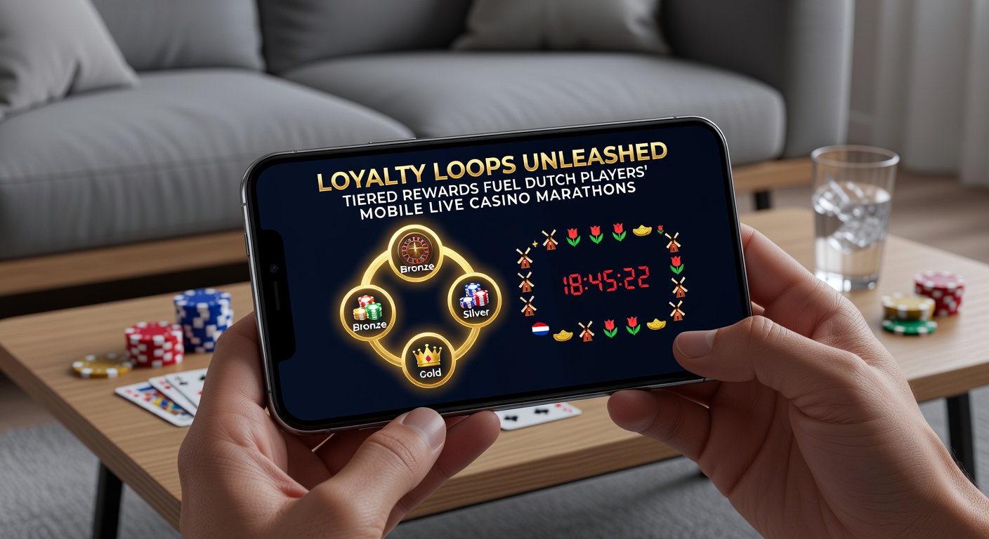 Grafiek met tier-niveaus en beloningen in een Nederlands mobiel live casino, spelers klimmen ladders met chips en trofeeën