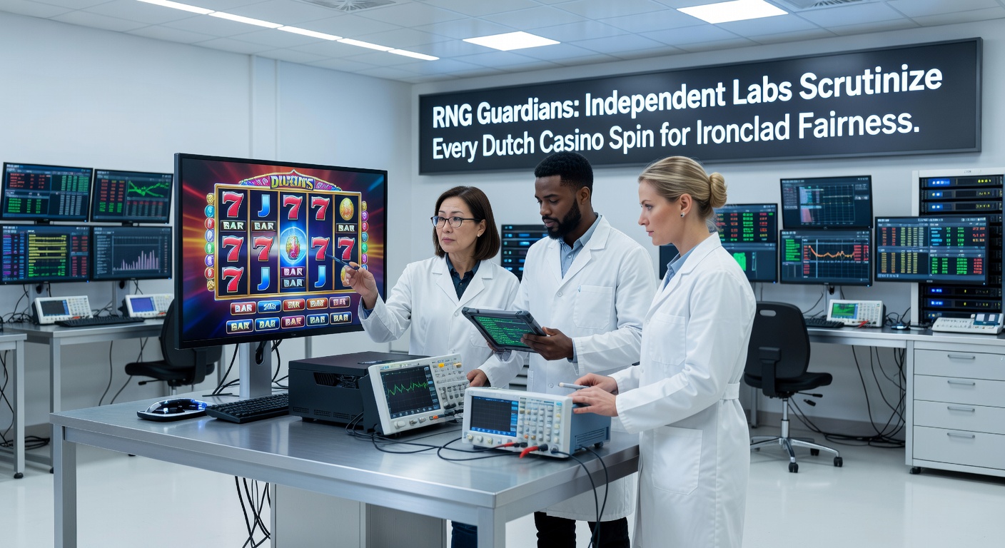 Onafhankelijke testlab-experts analyseren RNG-software voor Nederlandse casino-operators, met grafieken en code op schermen in een high-tech lab-omgeving