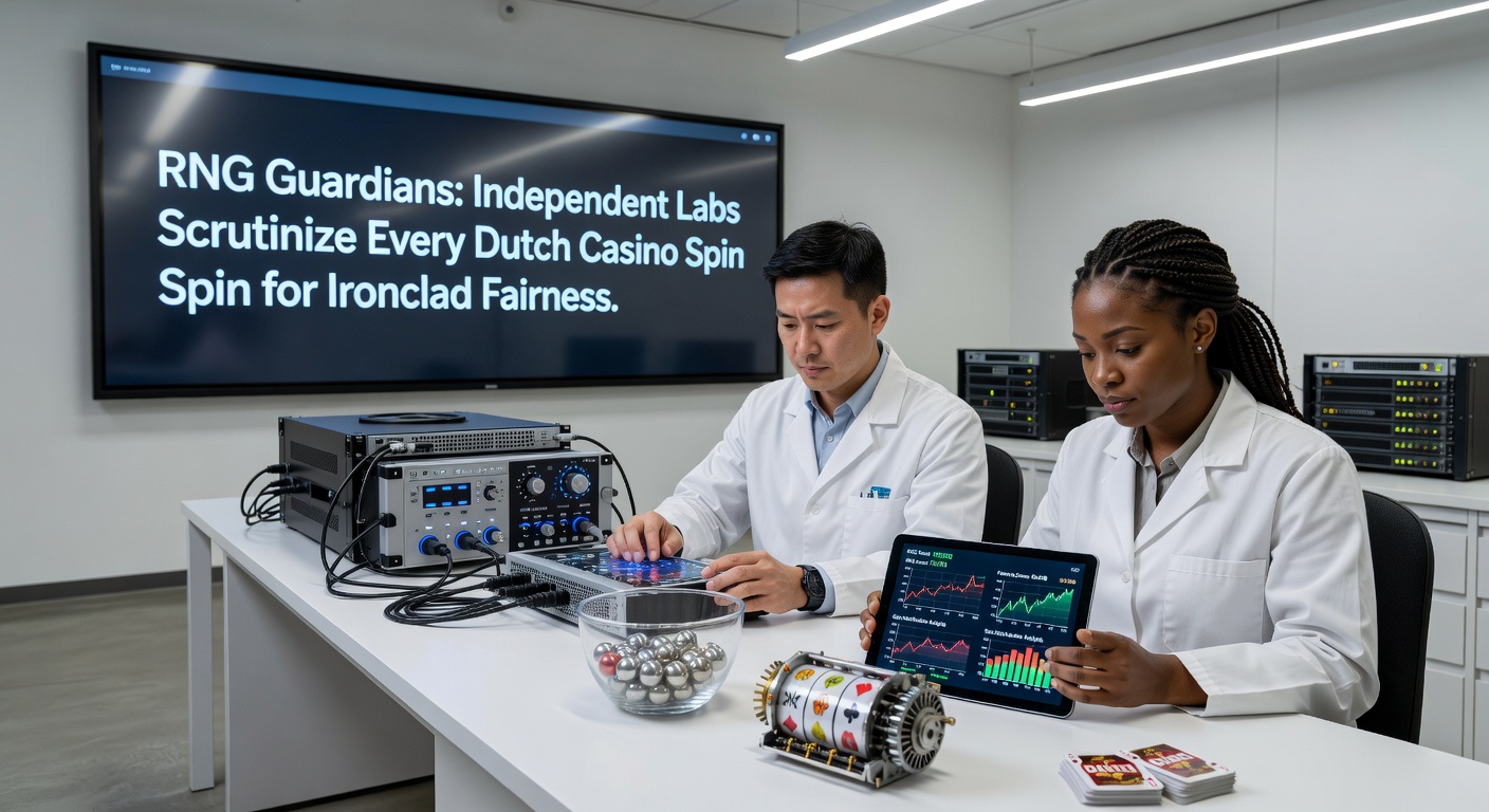 Grafiek met RNG-testresultaten en certificeringsstempels van labs, getoond op een computerscherm tijdens een audit voor een Nederlands online casino